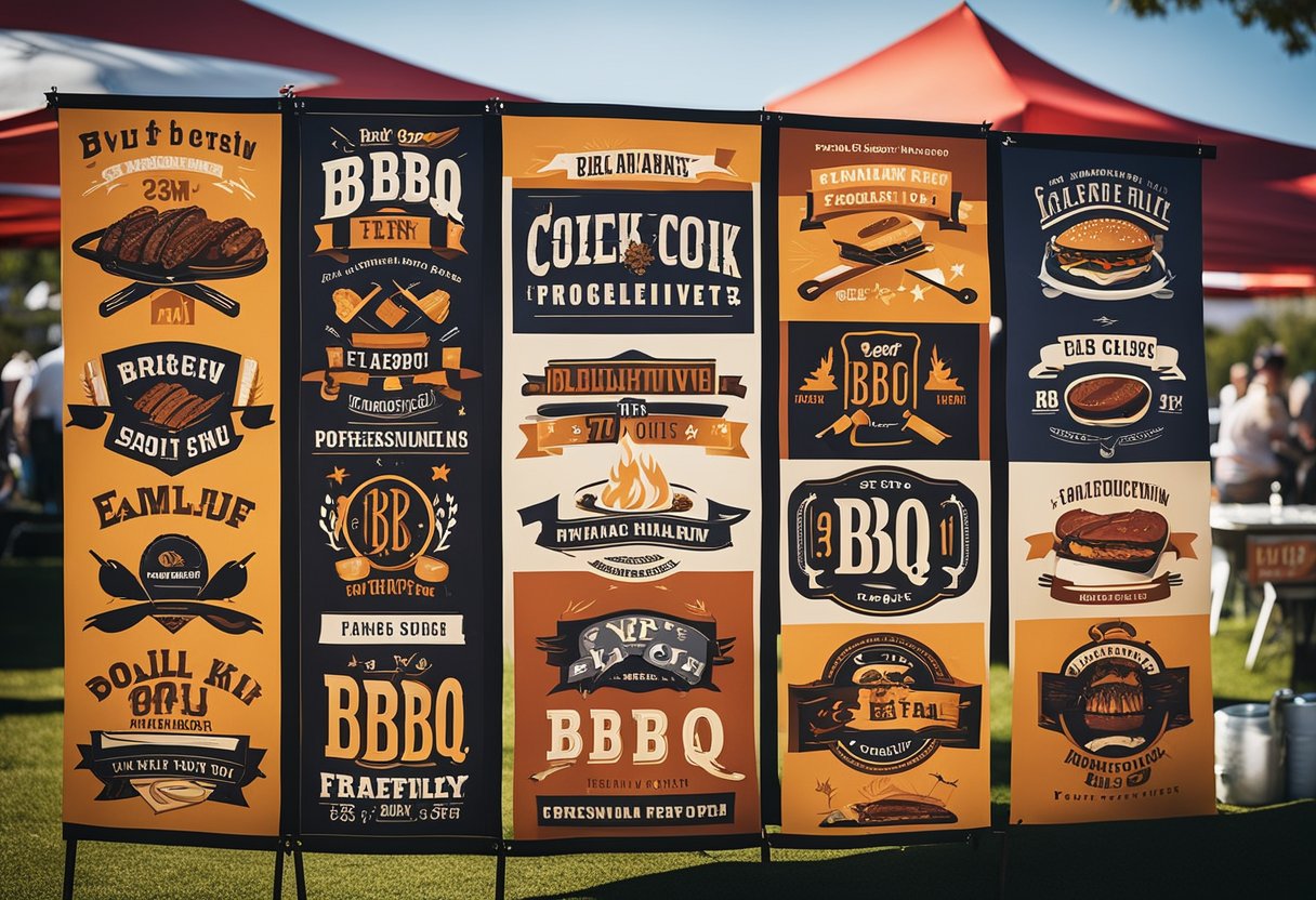 A group of BBQ team logos, each featuring bold, evocative imagery and creative team names, are displayed on a banner at a lively outdoor cook-off event
