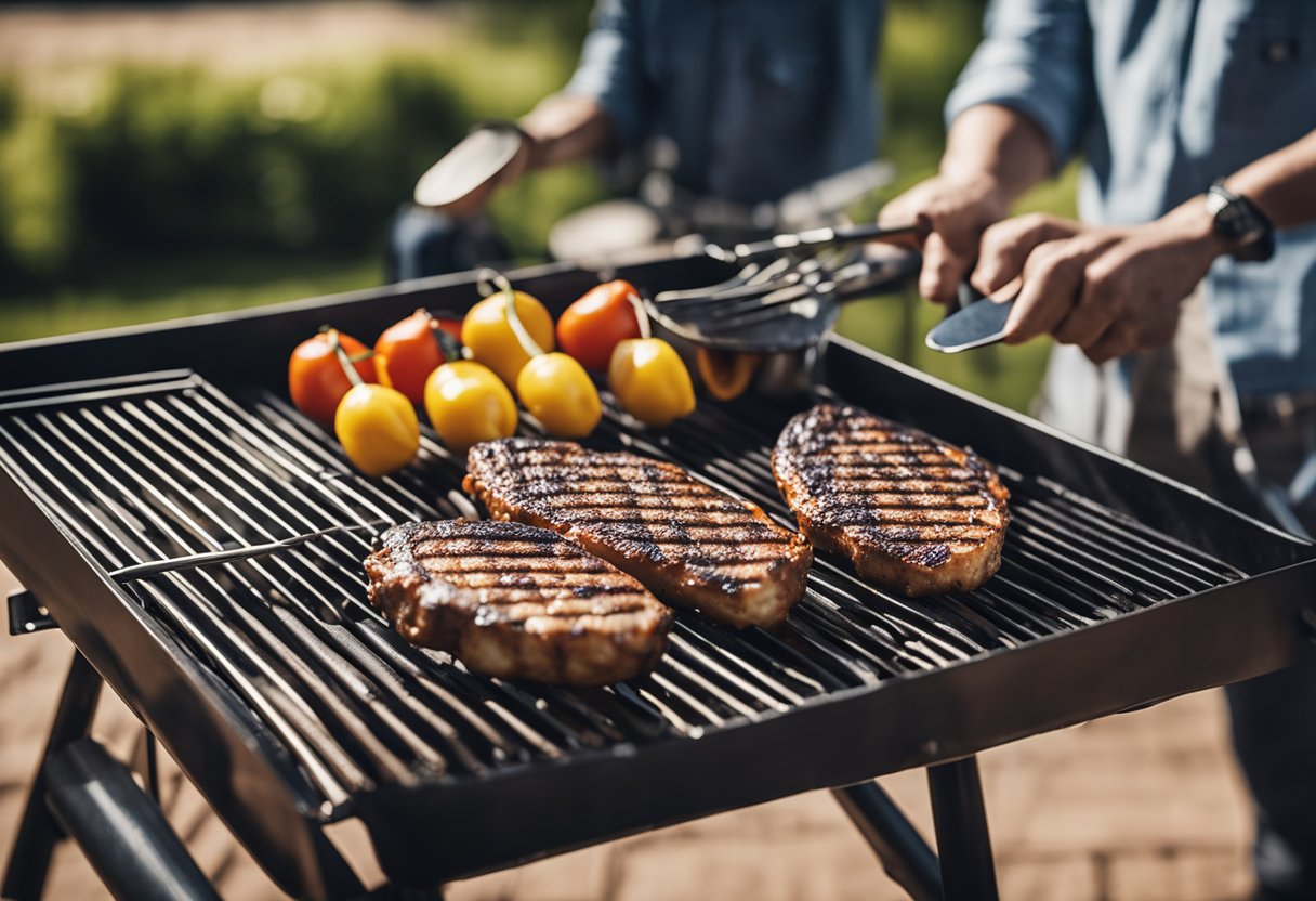A group of grilling utensils and BBQ accessories arranged in a dynamic and playful composition