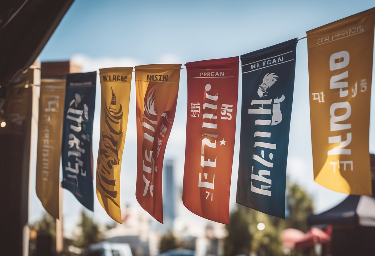 A row of colorful banners flapping in the wind, each displaying a different BBQ team name in bold, vibrant letters