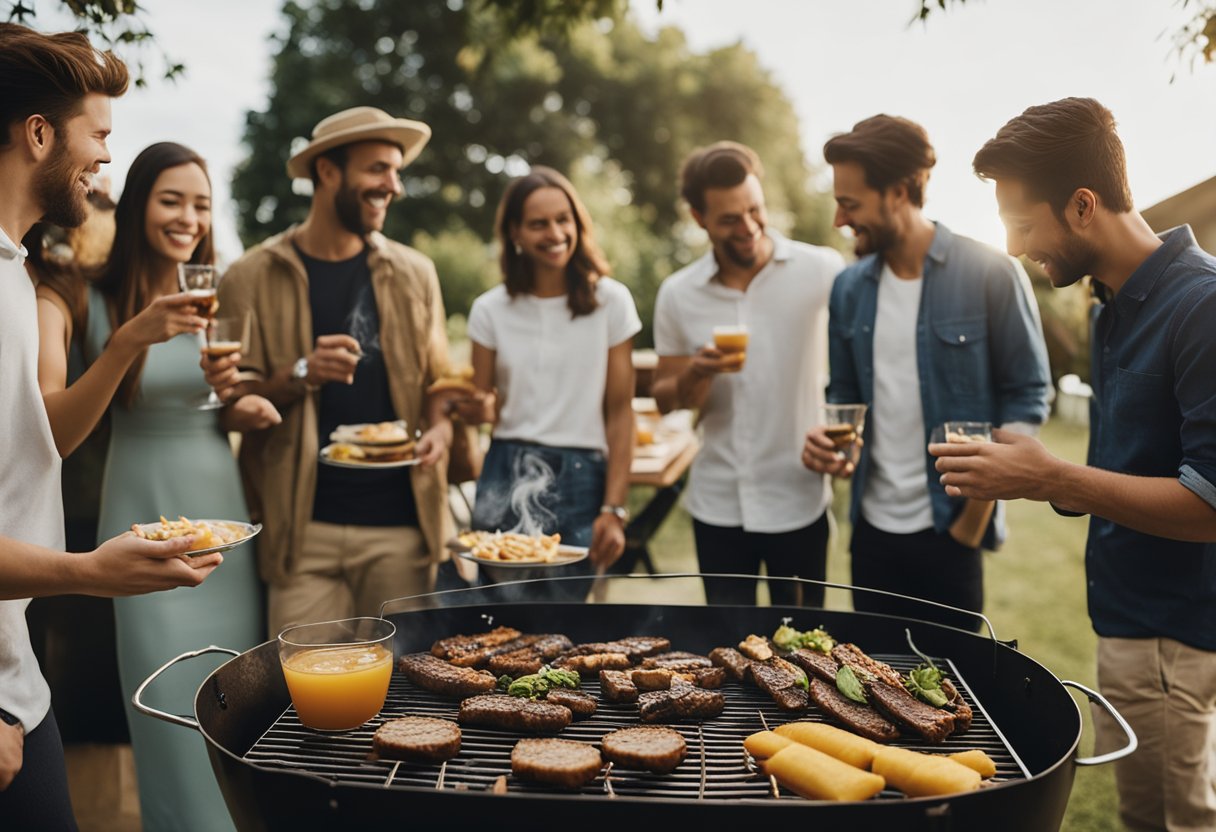 A group of people gathered around a barbecue grill, brainstorming team names while enjoying food and drinks