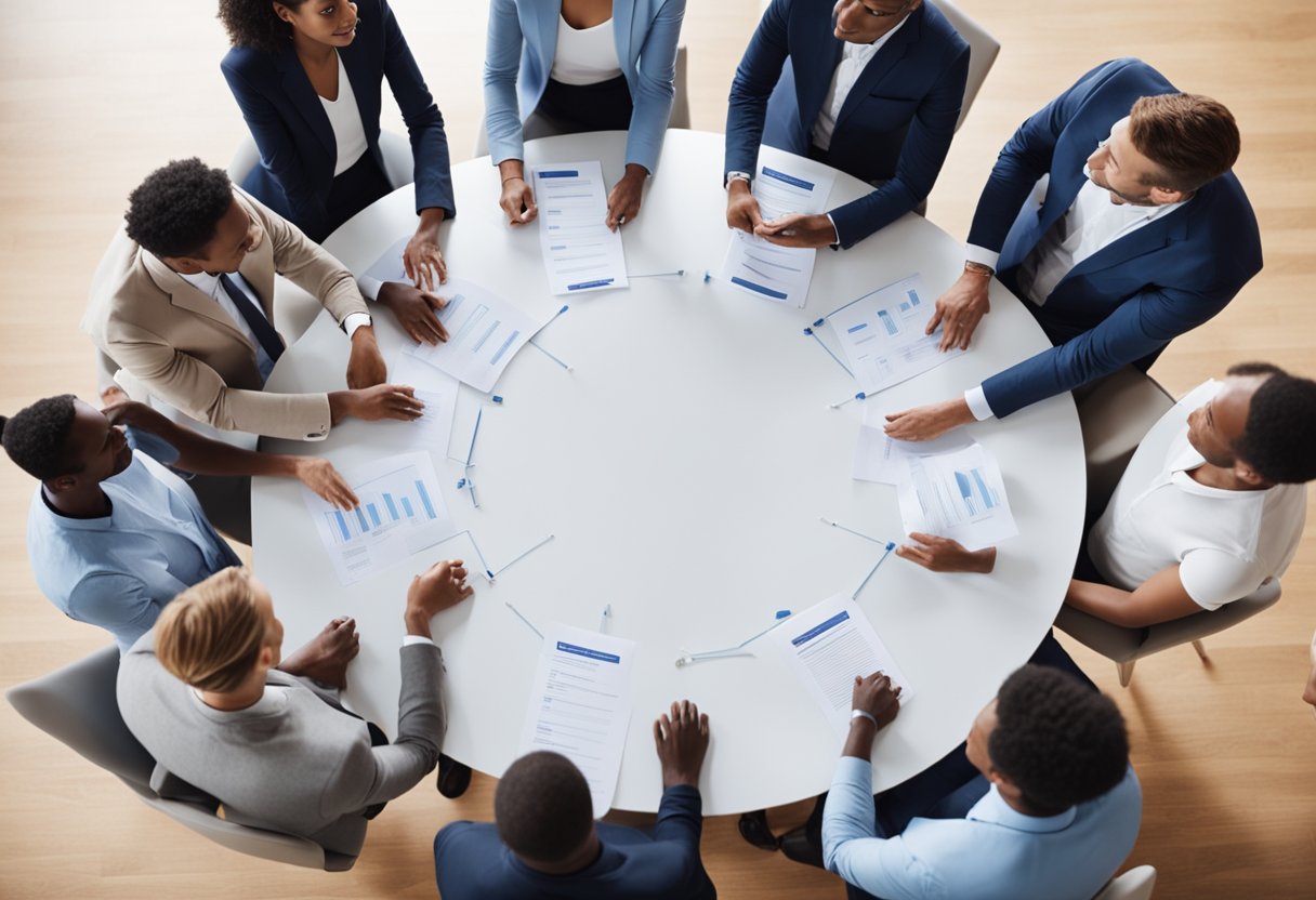 A group of insurance team members standing in a circle, brainstorming and discussing potential team names. They are engaged and animated in their conversation