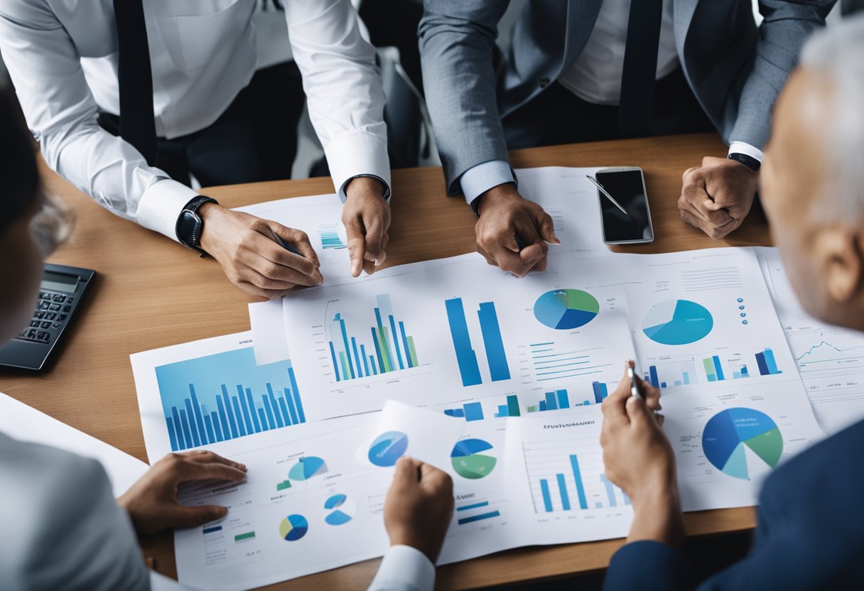 A group of diverse professionals brainstorming with charts and graphs, surrounded by insurance-related props and materials