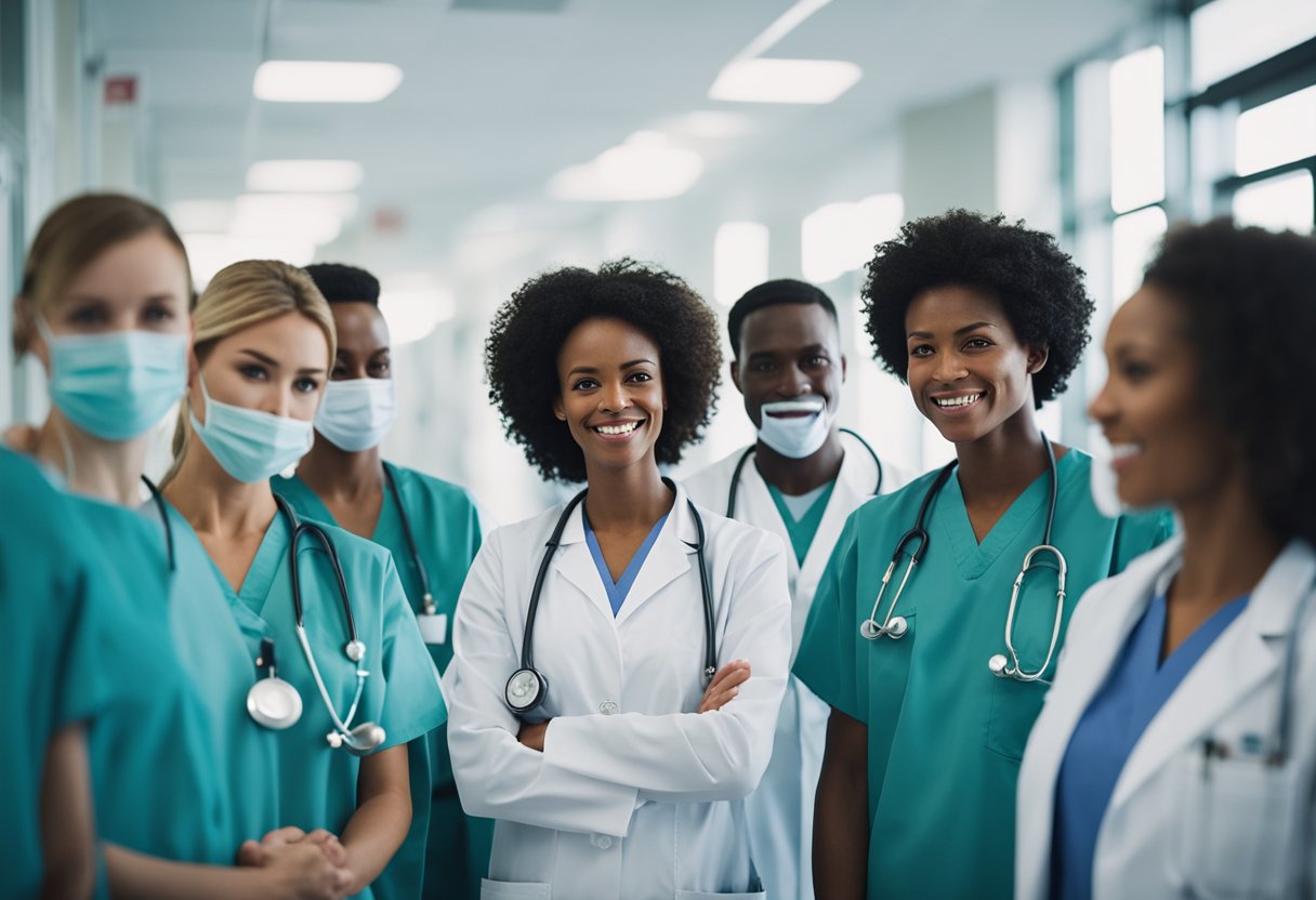 A group of medical professionals in scrubs and lab coats standing together in a hospital hallway, discussing patient care