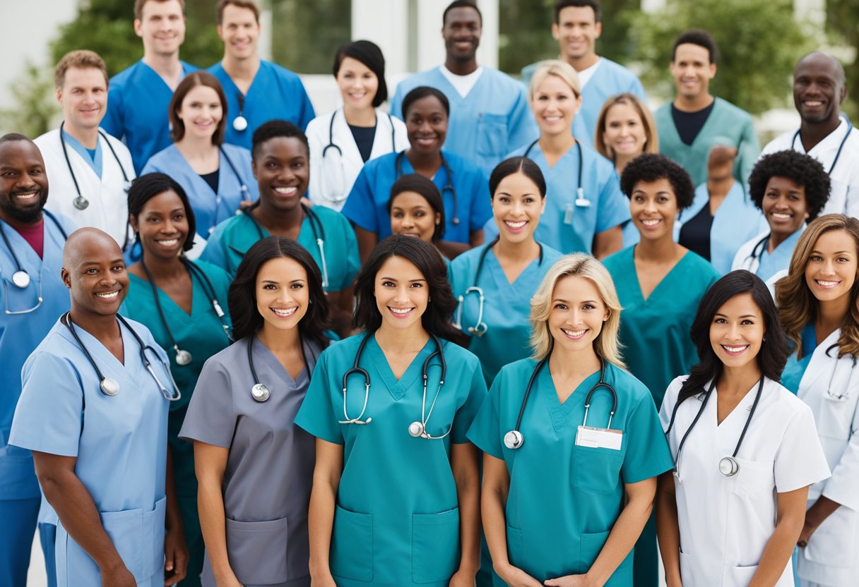 A diverse group of medical professionals standing together, wearing scrubs and stethoscopes, with a sense of confidence and teamwork