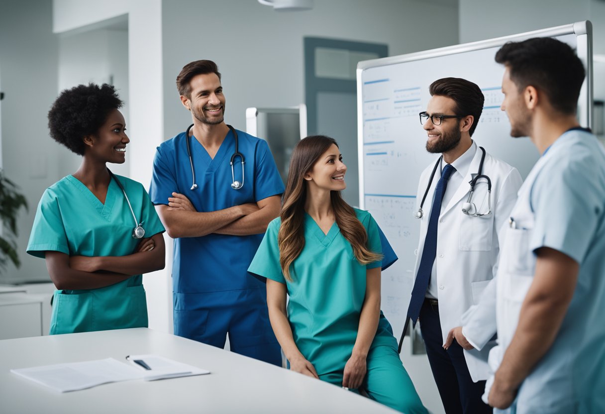 A group of medical professionals in scrubs gather around a whiteboard, brainstorming and discussing potential names for their team