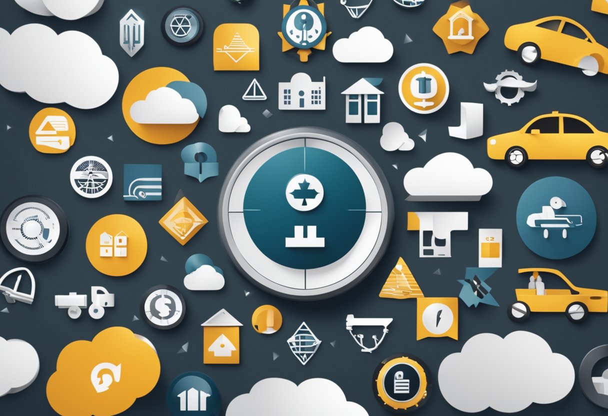 A group of diverse insurance symbols and icons arranged in a circle, representing different categories of insurance