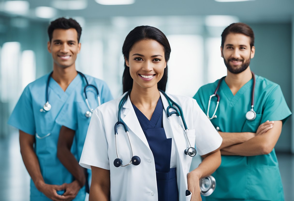 A group of medical professionals in scrubs and stethoscopes standing together, ready to provide care and support