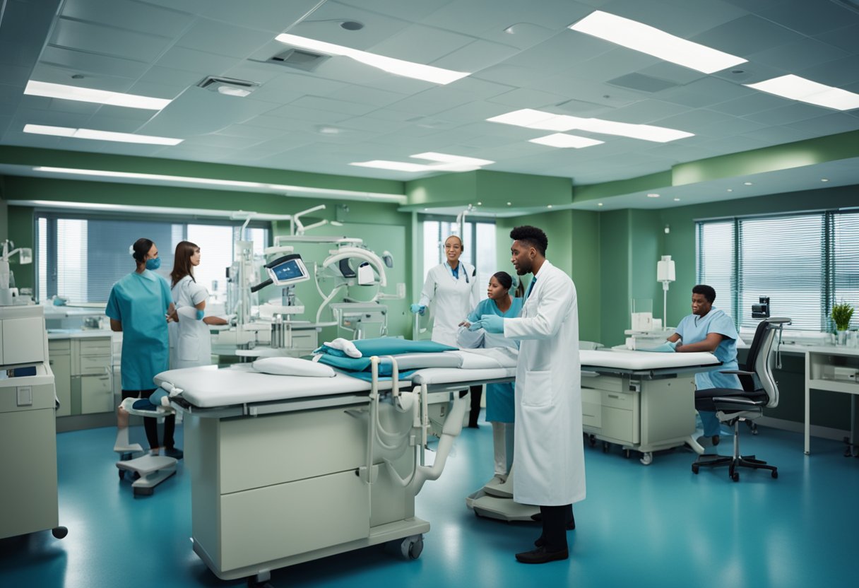 A medical team in action, with doctors and nurses working together to treat patients in a busy hospital setting
