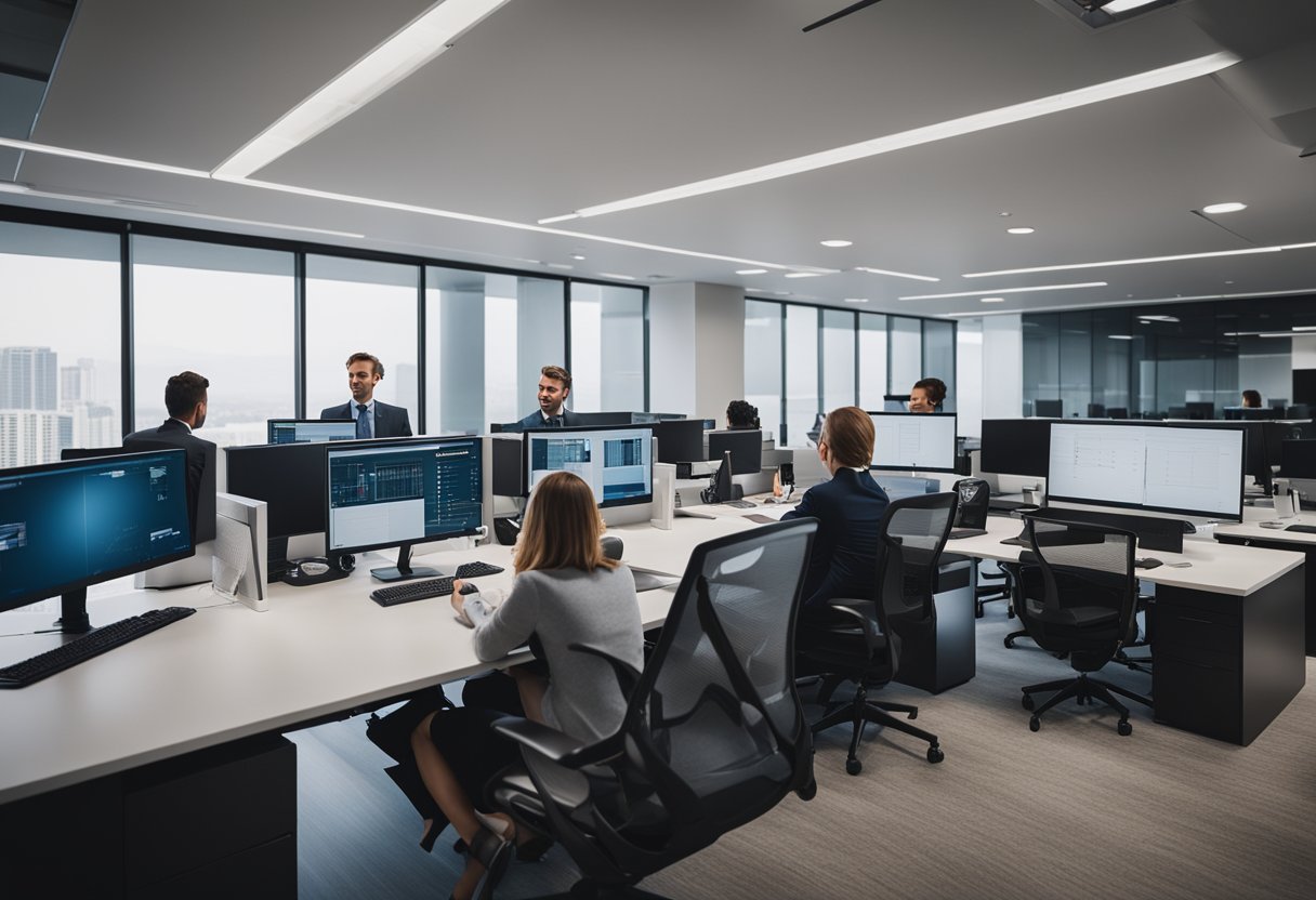 A group of insurance team members collaborating in a modern office setting, with desks, computers, and whiteboards