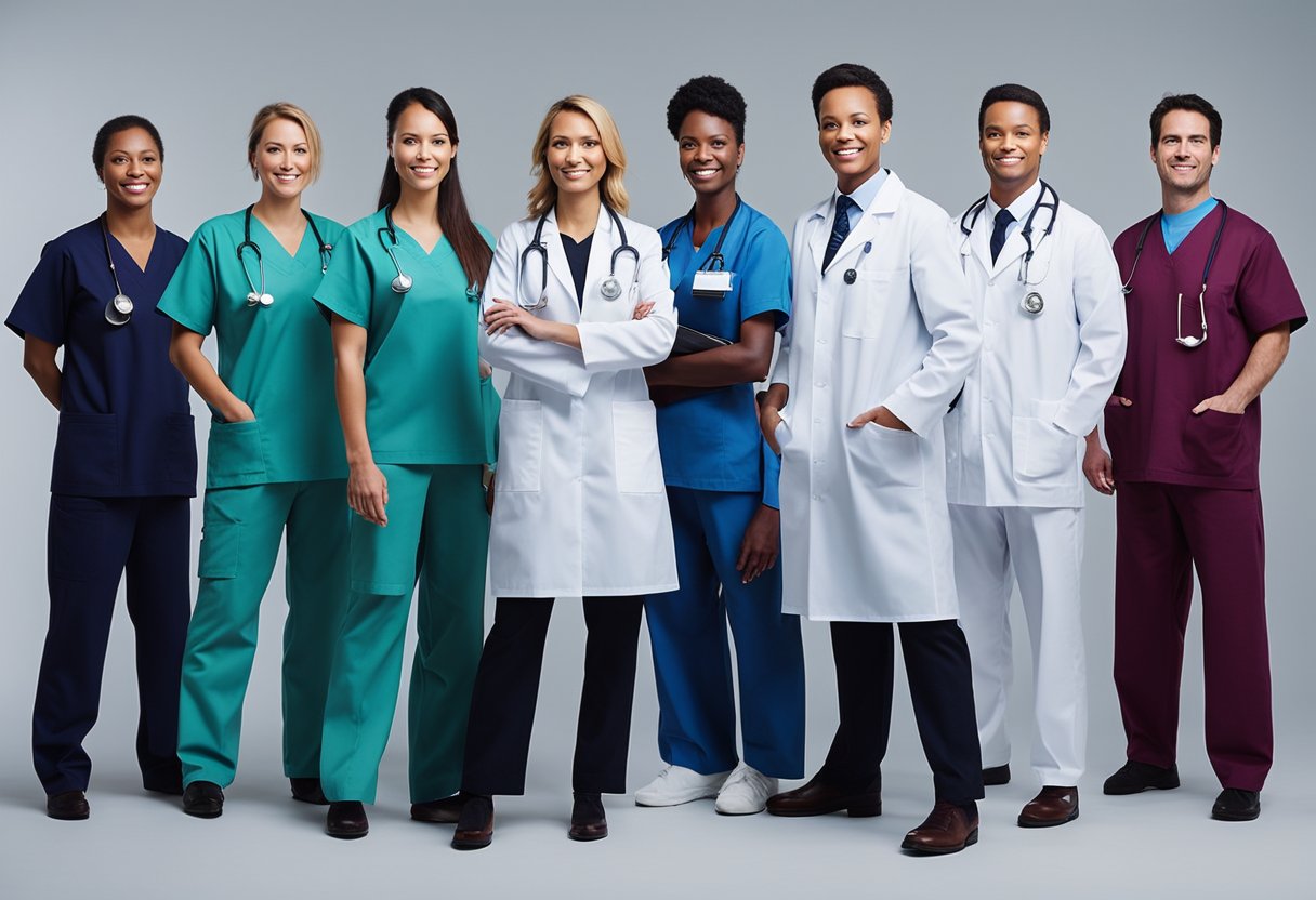 A group of medical professionals in different departments standing together, each wearing specialized team uniforms with distinct logos and colors