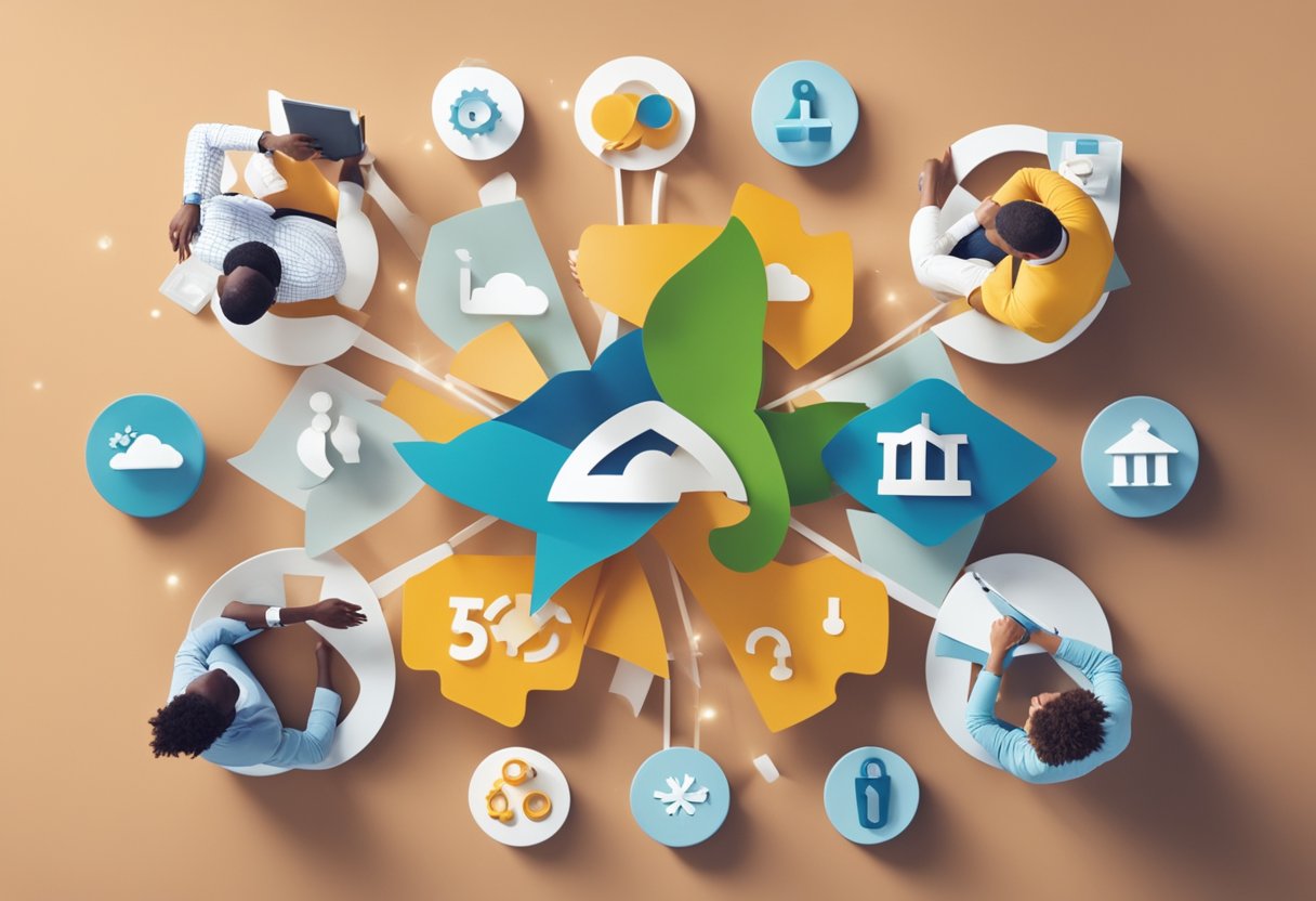 A group of diverse insurance-related symbols and icons forming a cohesive and united team, surrounded by a sense of collaboration and teamwork