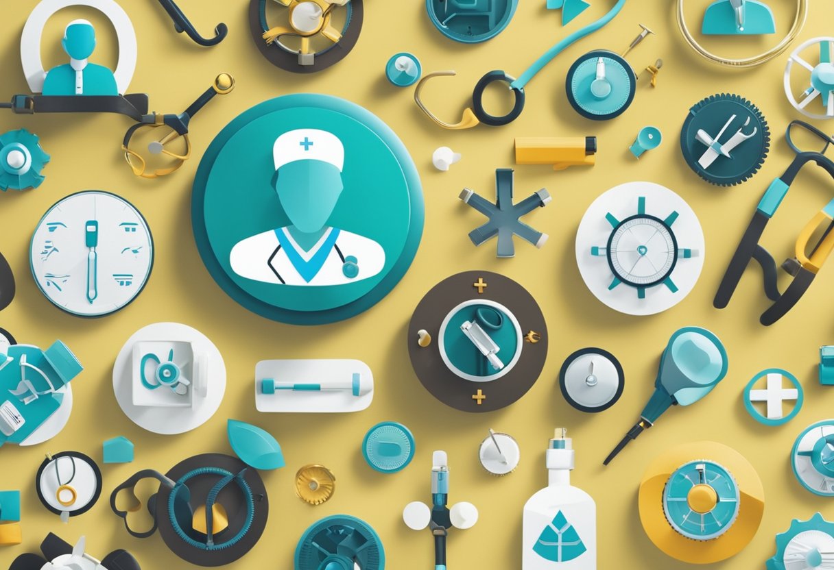 A group of diverse medical symbols and tools arranged in a circular formation, representing unity and teamwork
