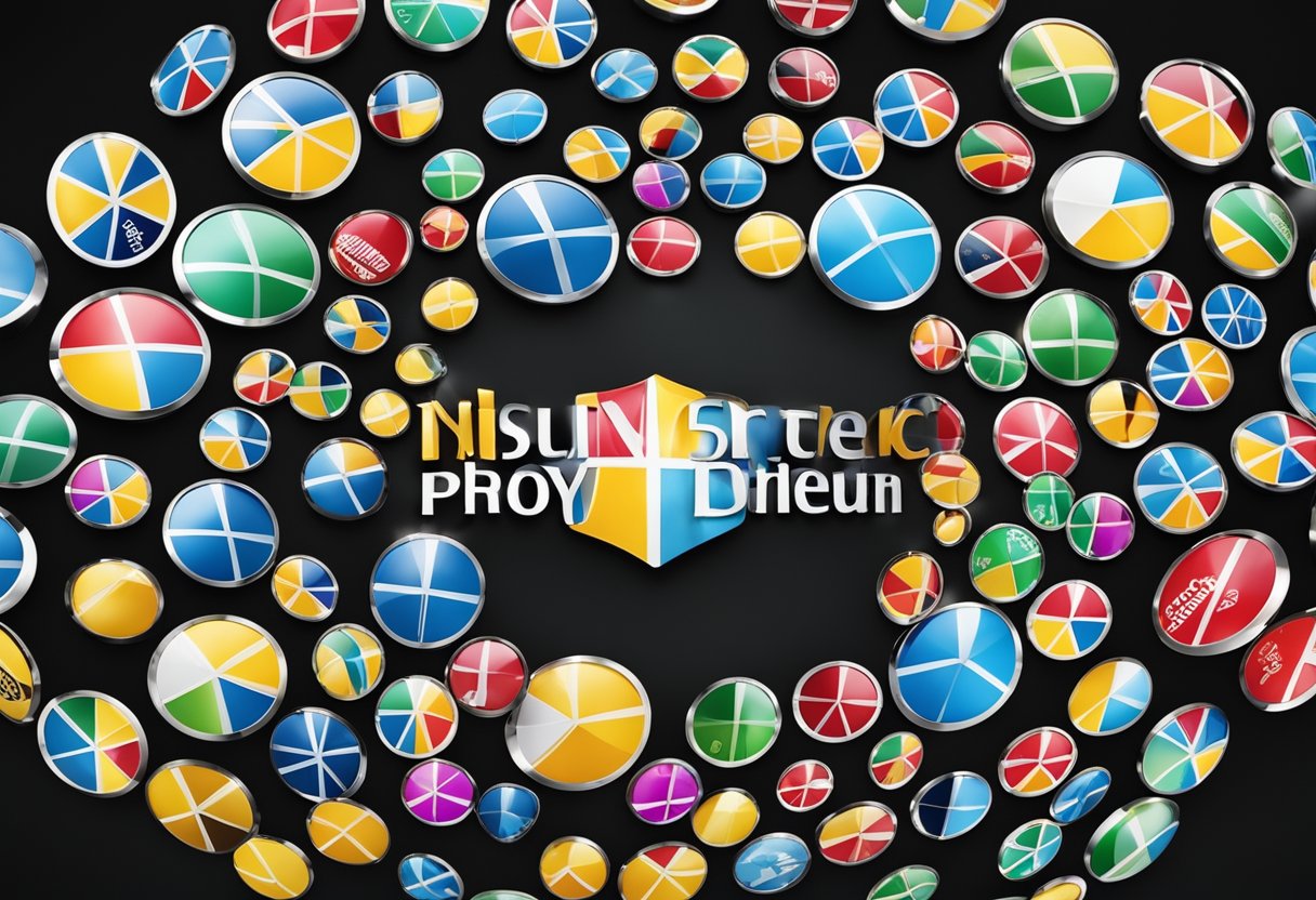 A group of colorful shields arranged in a circular formation, each displaying a different insurance team name