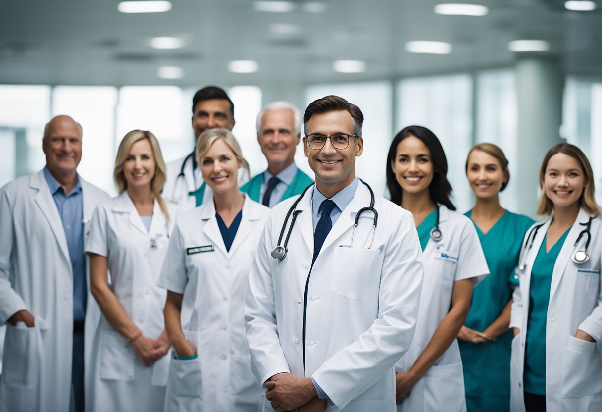 A group of medical professionals in white coats stand together, with a large hospital logo displayed prominently behind them