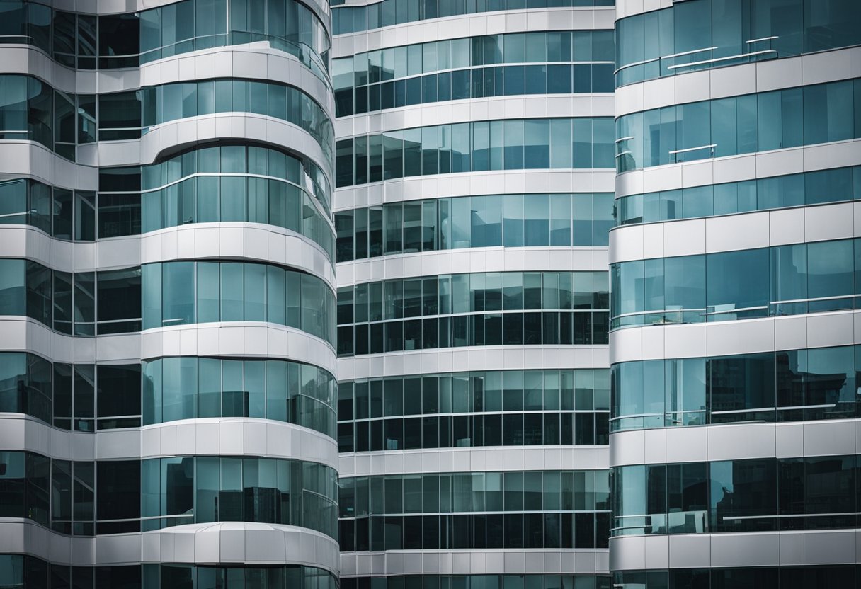A group of sleek, modern office buildings with polished glass exteriors, featuring bold and professional insurance team names displayed prominently on signs and banners