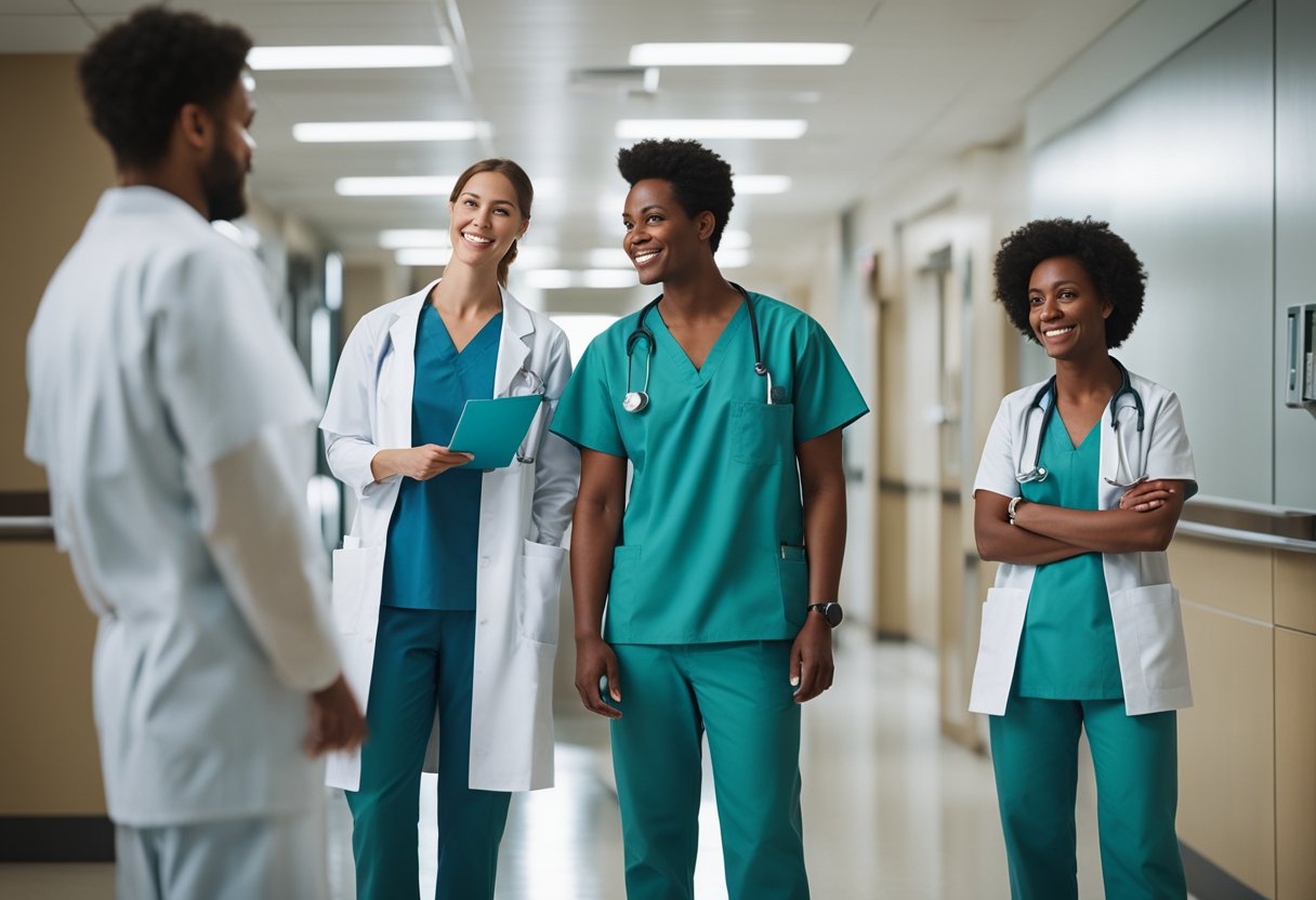 A diverse group of medical professionals in scrubs and lab coats standing together in a hospital hallway, discussing patient care