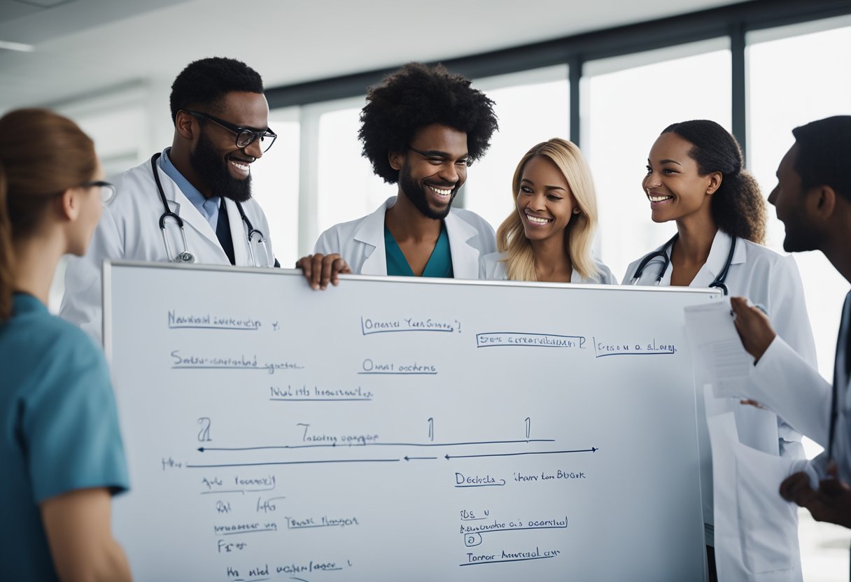 A group of medical professionals gather around a whiteboard, brainstorming and laughing as they come up with creative team names for patient engagement