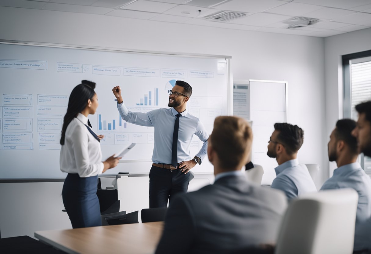 A group of diverse insurance team members brainstorming with a whiteboard and discussing frequently asked questions