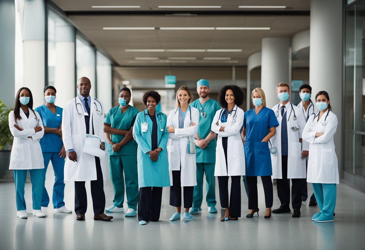 A diverse group of medical professionals standing together, each wearing a different specialty uniform and holding medical equipment