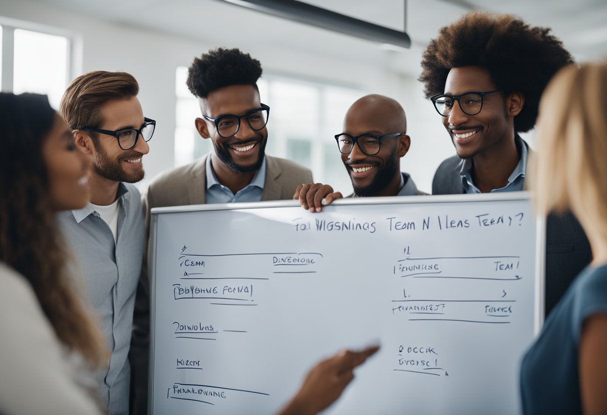 A group of diverse individuals gather around a whiteboard, brainstorming and discussing ideas for fundraising team names. A sense of collaboration and creativity fills the room