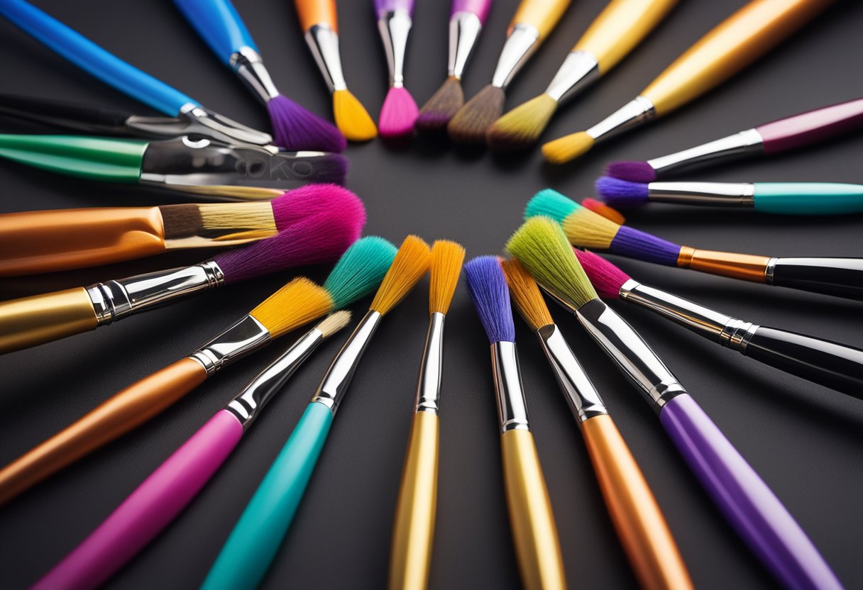 A group of colorful paintbrushes and musical instruments arranged in a circle, with a spotlight shining down on them