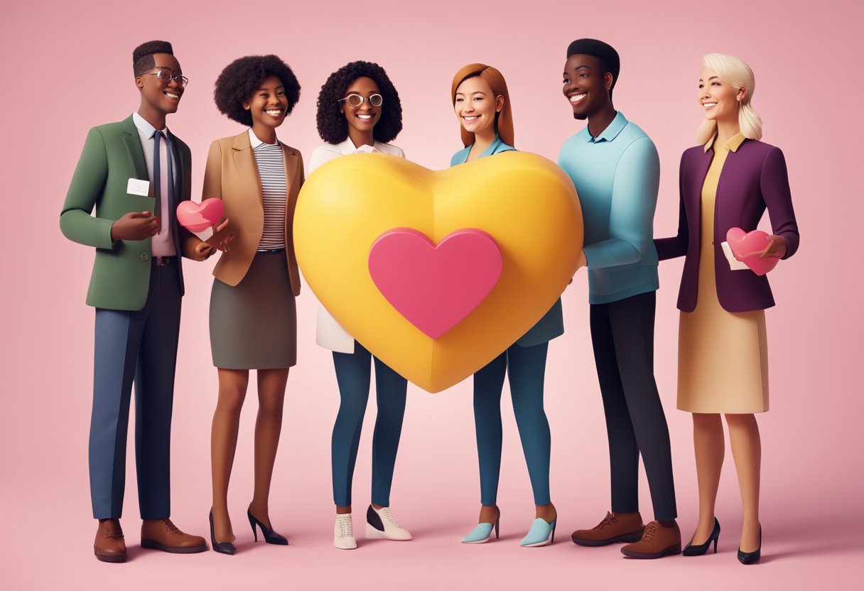 A group of diverse individuals gather around a heart-shaped donation box, holding hands and smiling as they work together to raise funds for health-related causes