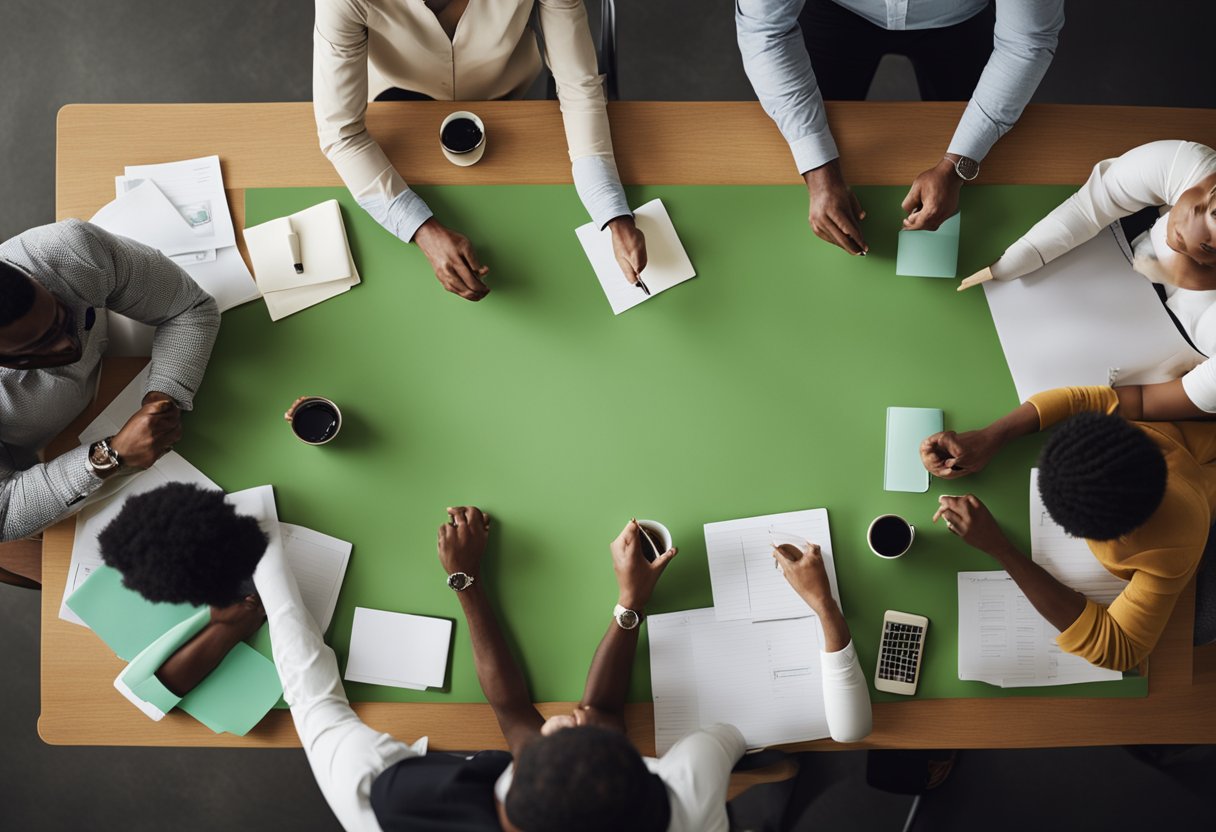 A group of people gather around a table covered in green and eco-friendly materials, brainstorming and writing down potential names for their fundraising team