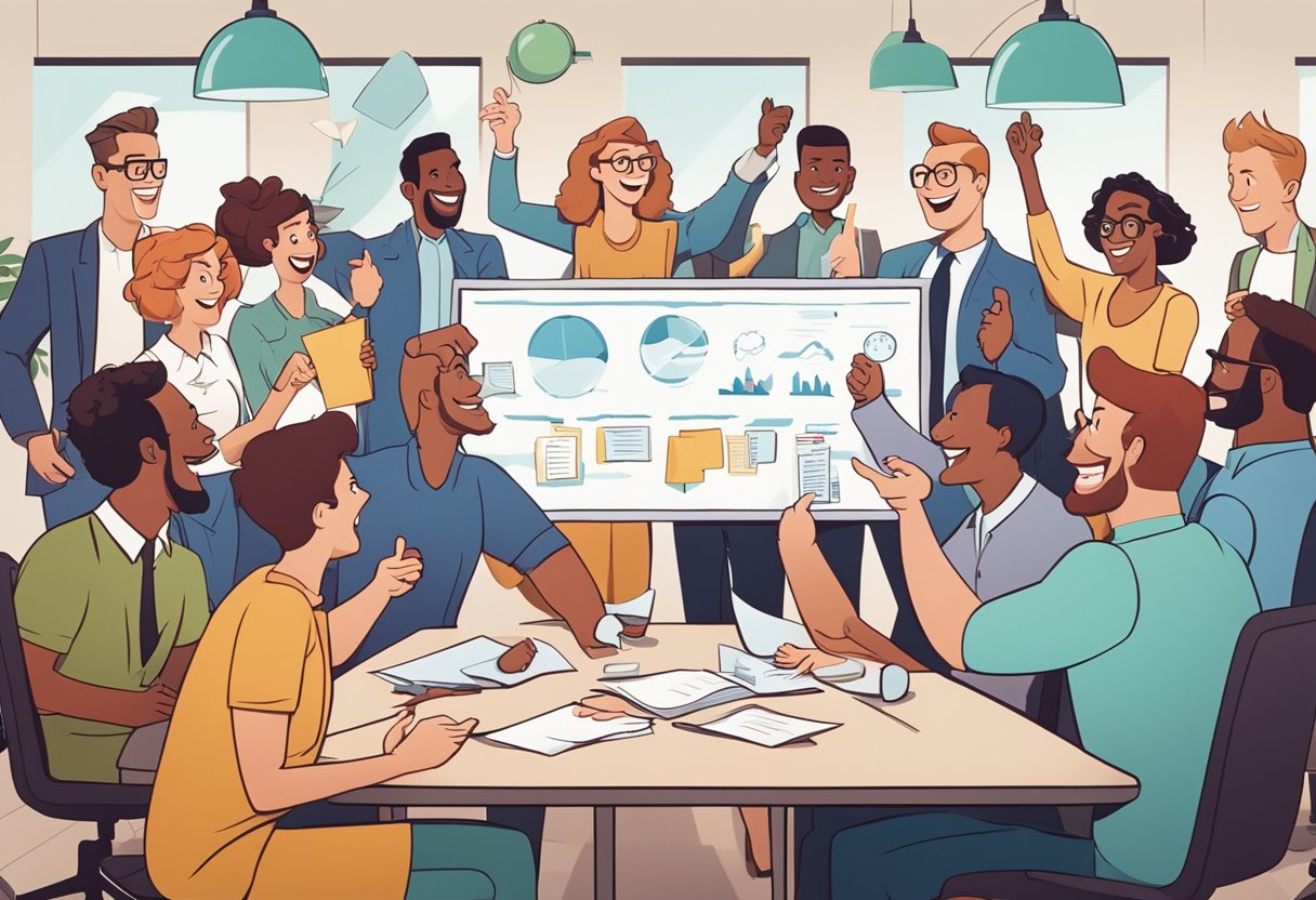 A group of cartoonish characters brainstorming with a whiteboard, surrounded by funny props and signs, laughing and high-fiving as they come up with hilarious fundraising team names