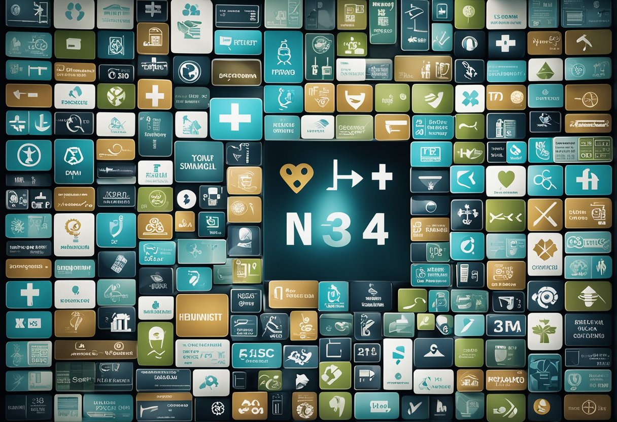 A group of medical symbols and tools arranged around a computer screen displaying various team names