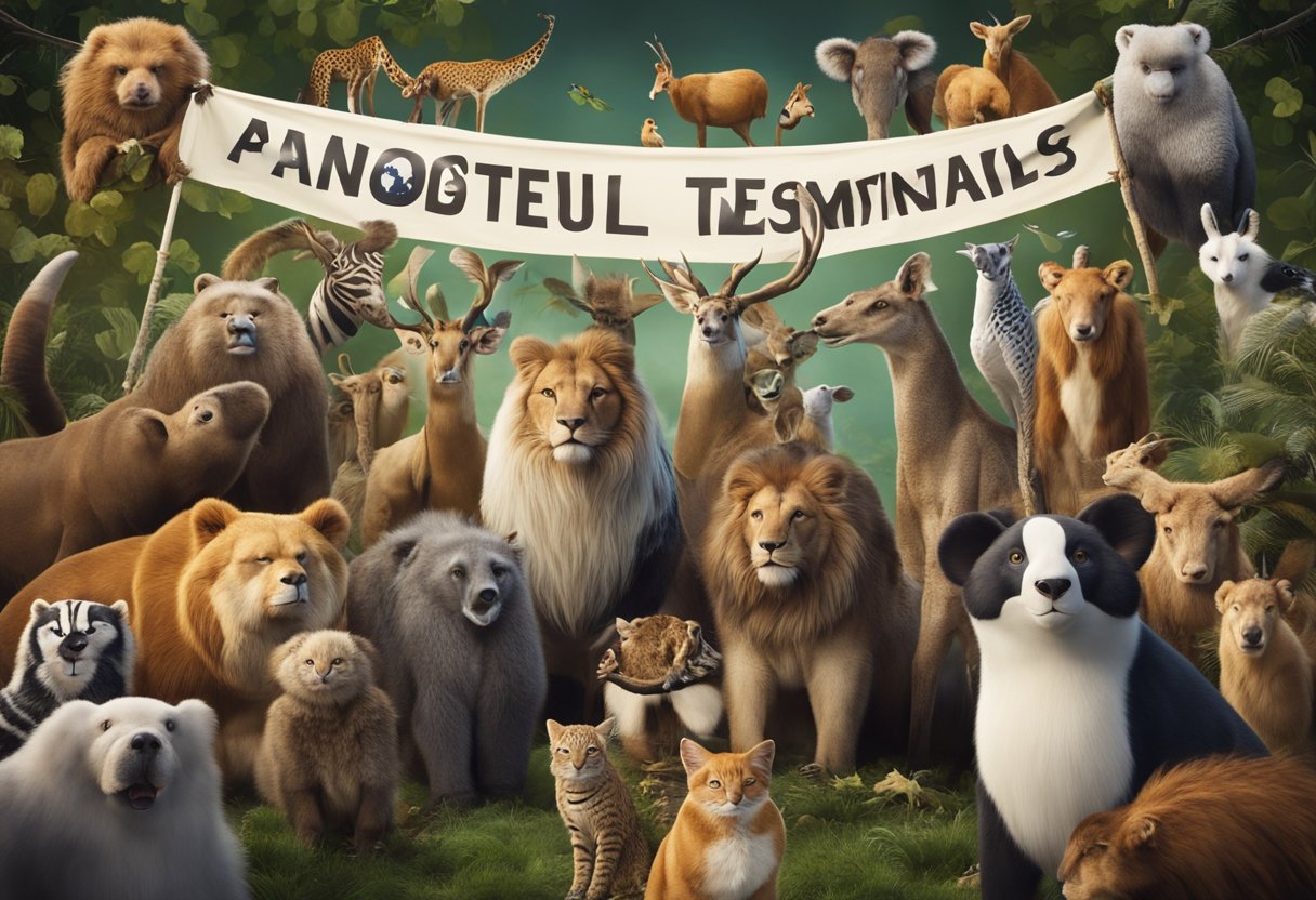 A group of animals gather around a banner with various team names for fundraising. They are surrounded by signs and symbols representing different animal causes