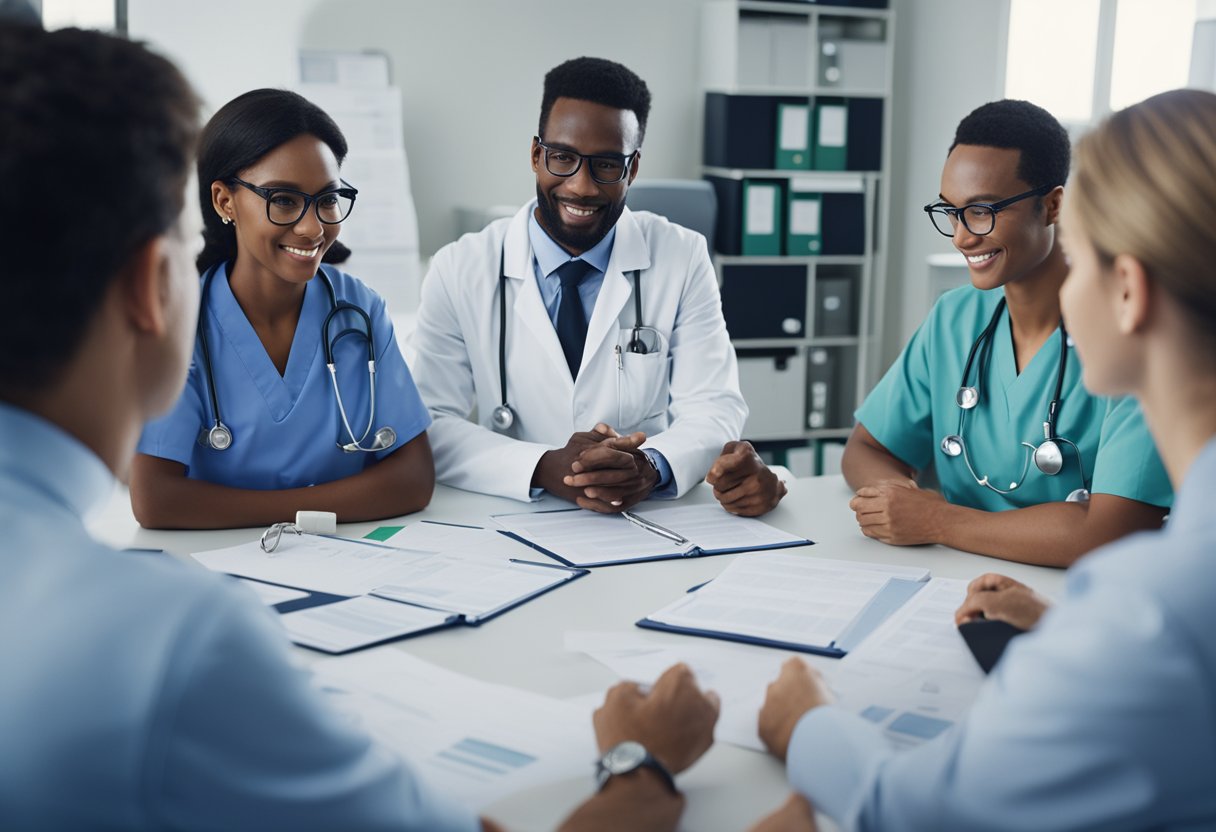 A group of medical professionals gathered around a table, discussing and brainstorming team names. Medical equipment and charts are visible in the background