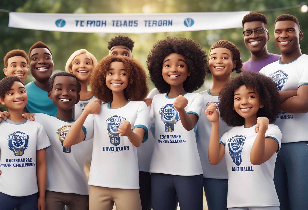A group of diverse, animated characters gather around a banner, each wearing a t-shirt with their team name and logo, smiling and cheering