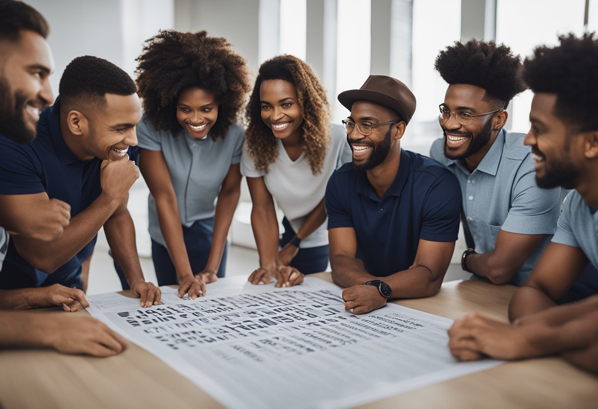 A group of people in matching shirts gather around a banner with various team names written on it. They are smiling and discussing fundraising ideas