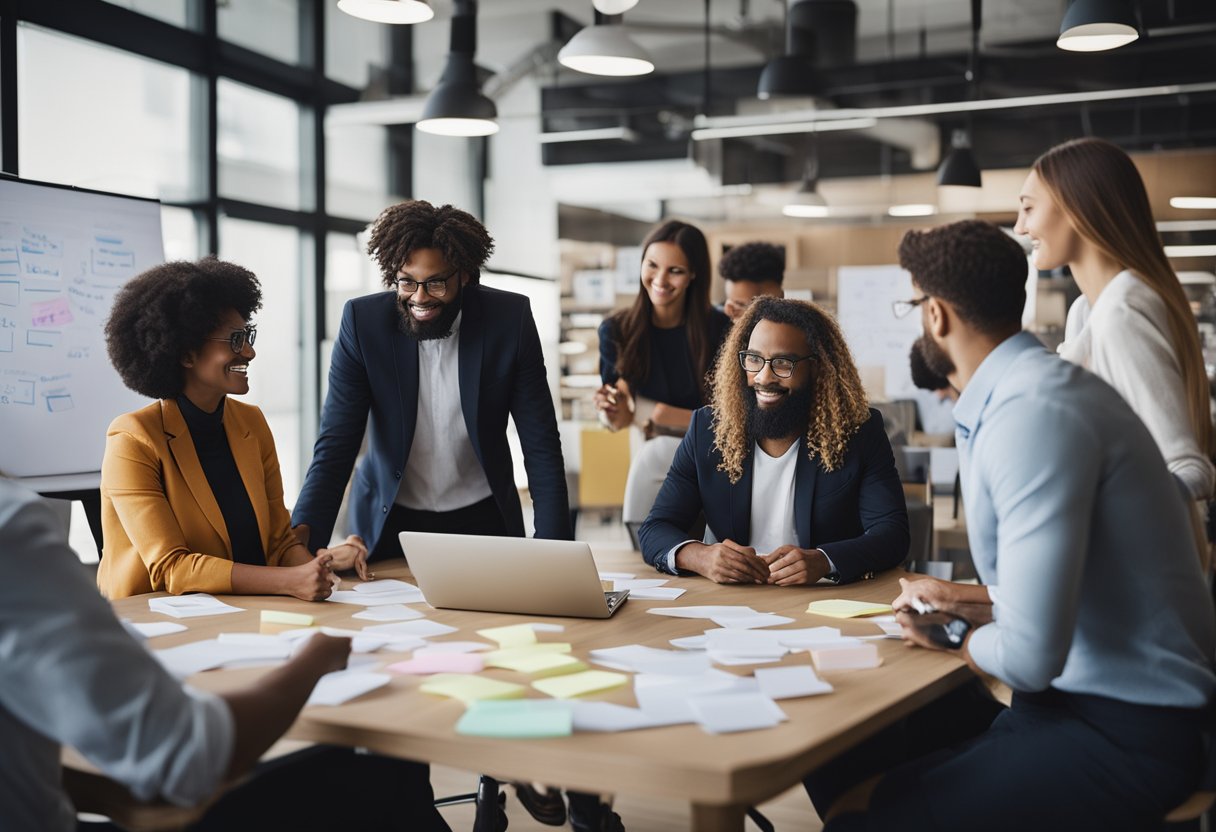 A group of diverse people brainstorming creative team names, surrounded by whiteboards and sticky notes