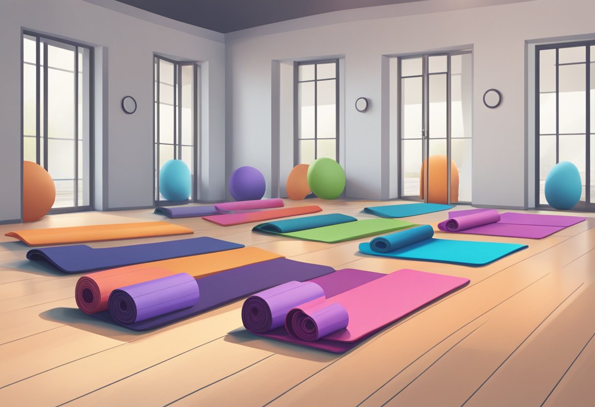 A row of yoga mats on the studio floor, each with a different colored block or strap nearby, indicating varying levels of experience