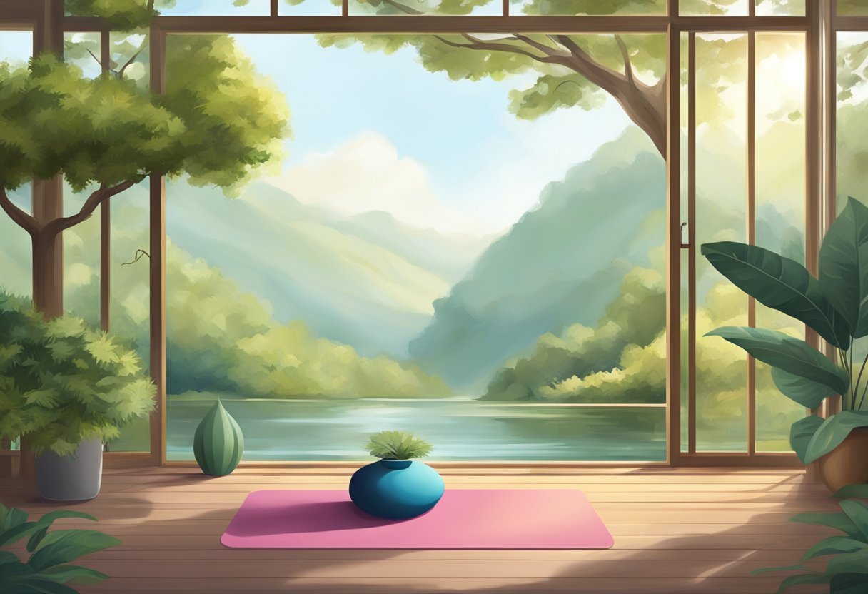 A serene setting with a yoga mat surrounded by nature, with a calm and peaceful atmosphere