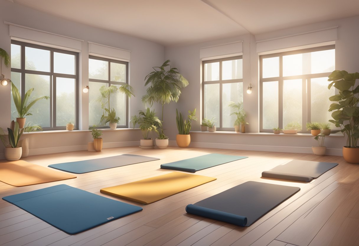 A serene studio with a beginner's Hatha yoga class, mats laid out, soft lighting, and a tranquil atmosphere