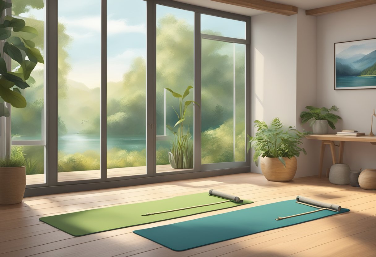 A serene studio with two yoga mats, one labeled "Hatha" and the other "Slow Flow," surrounded by calming nature scenery