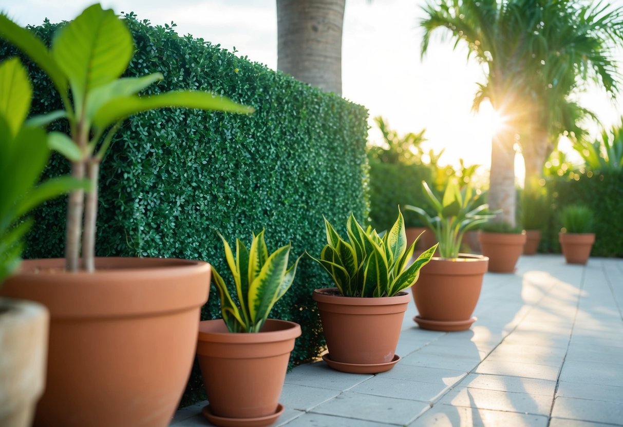 An outdoor artificial hedge surrounded by potted plants and basking in the sunlight