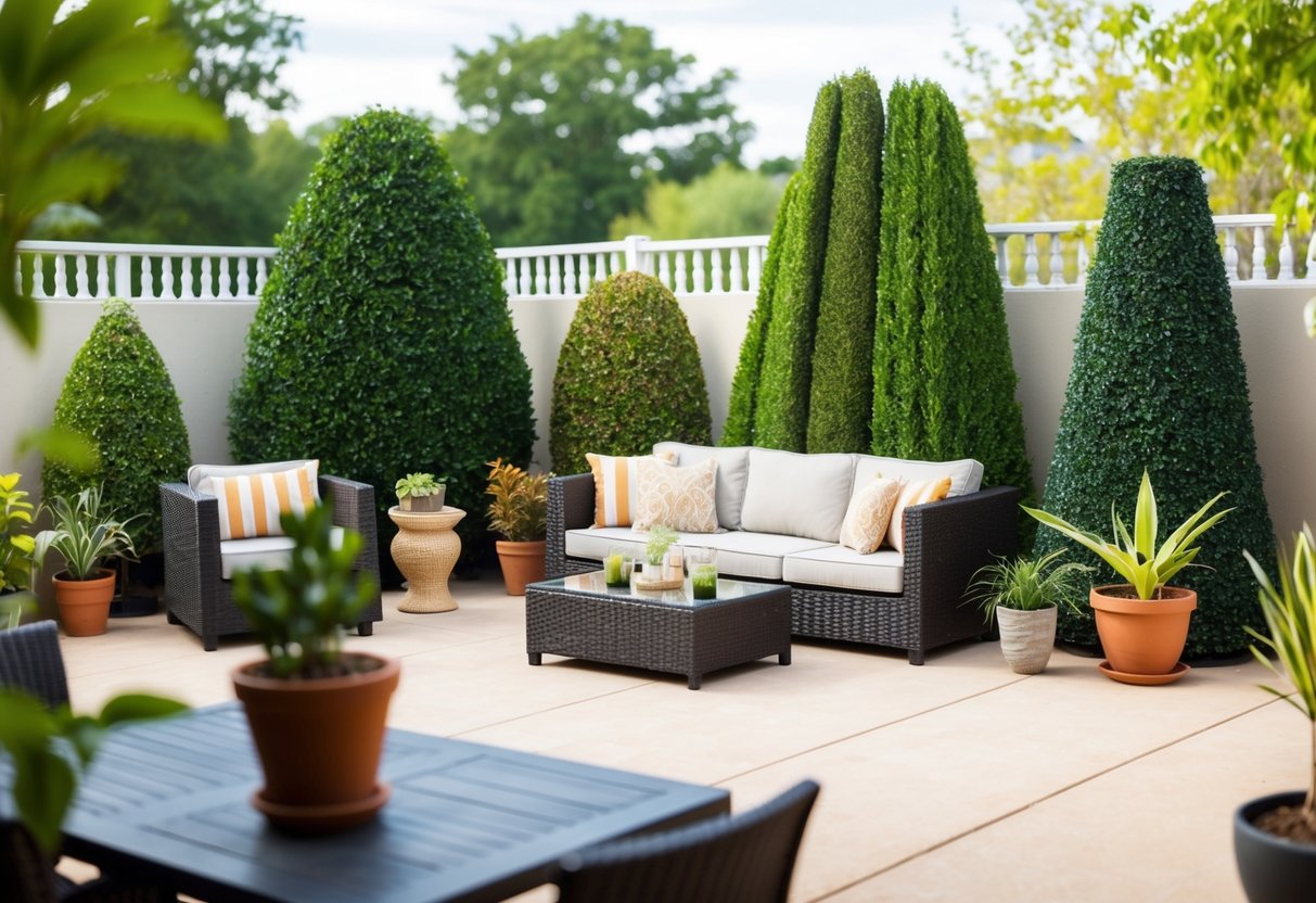 A patio with a variety of outdoor artificial hedges in different shapes and sizes, surrounded by potted plants and furniture