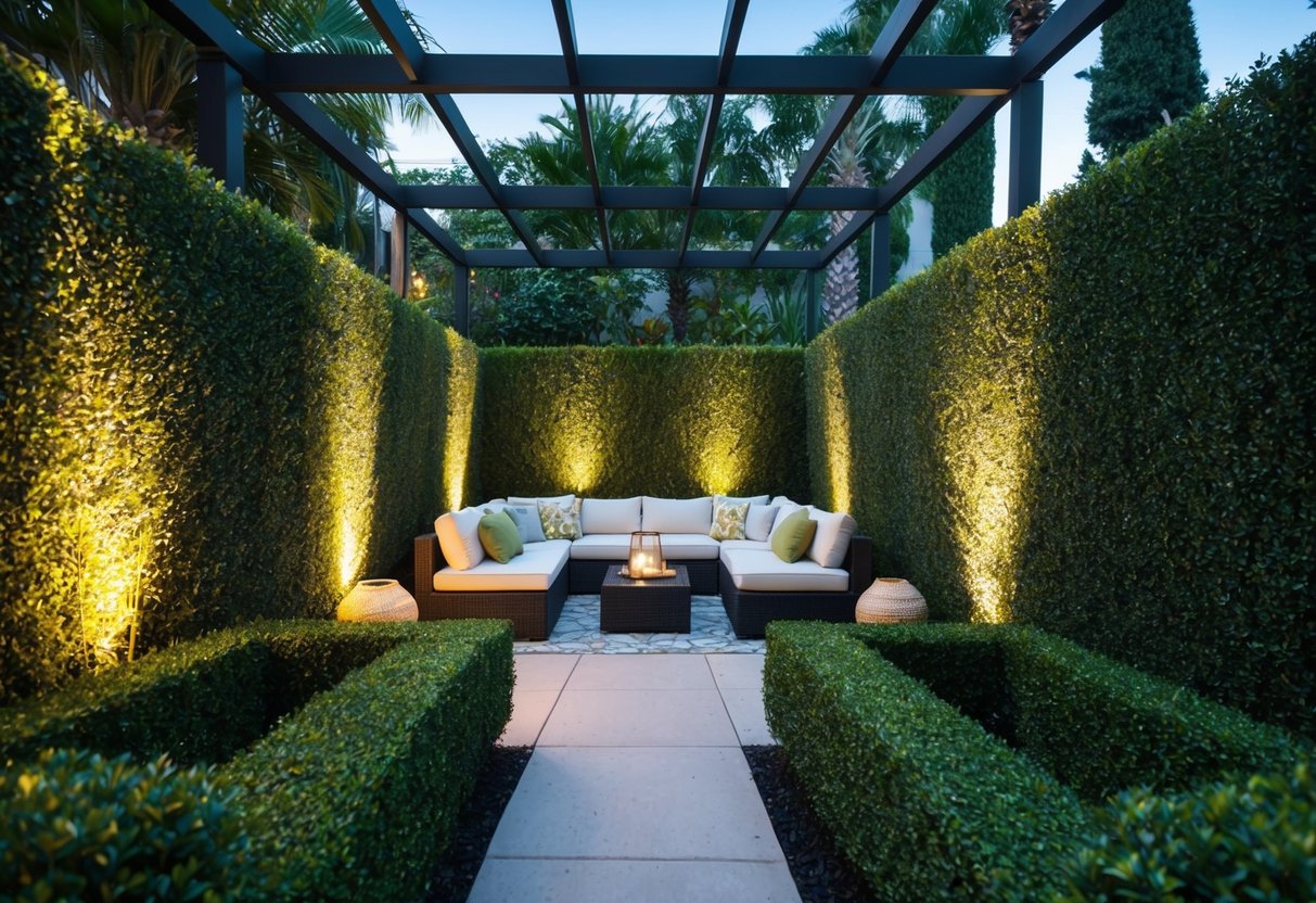 A lush outdoor patio with artificial hedges lining the perimeter, creating a private and serene atmosphere. A cozy seating area is nestled within the greenery, with soft lighting adding to the inviting ambiance