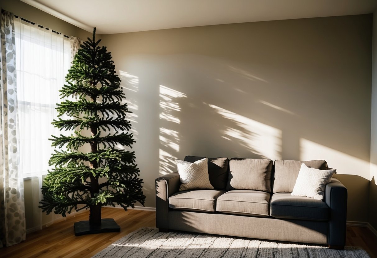 A cozy living room with a large faux tree in the corner, casting dappled shadows on the walls. The tree adds a touch of nature and tranquility to the space