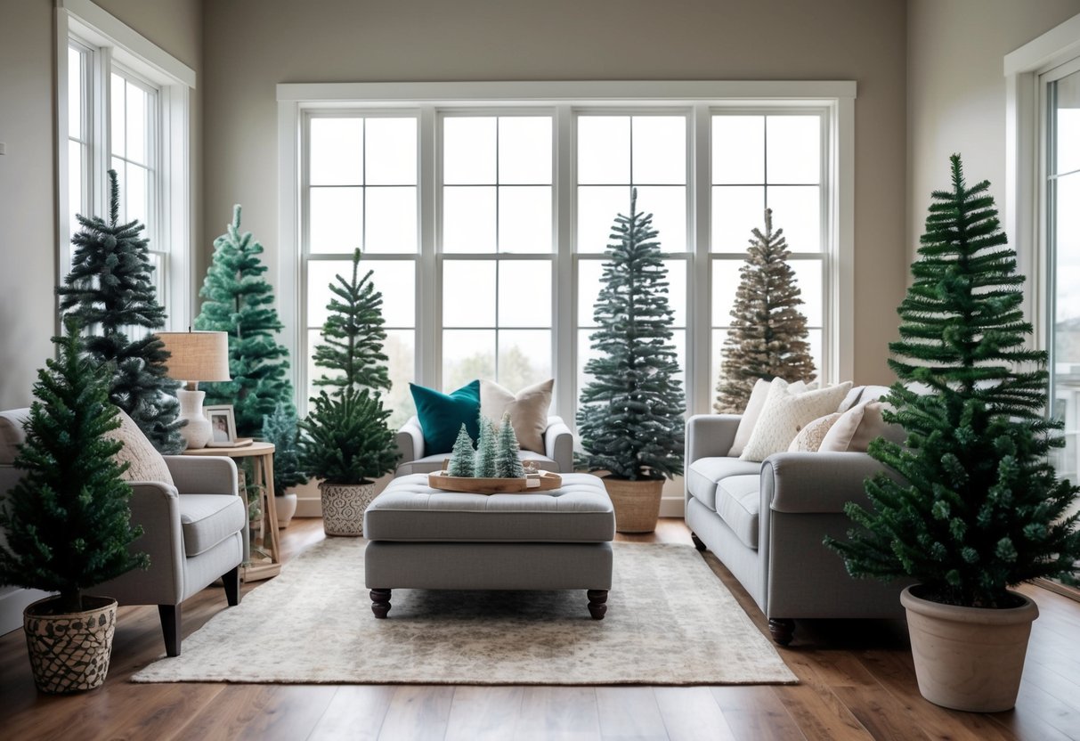 A cozy living room with a large window, featuring a variety of lifelike faux trees in decorative pots