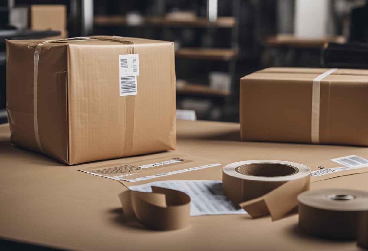 A person wraps a package with brown paper and applies tape, while nearby, a scale and shipping labels sit ready for use