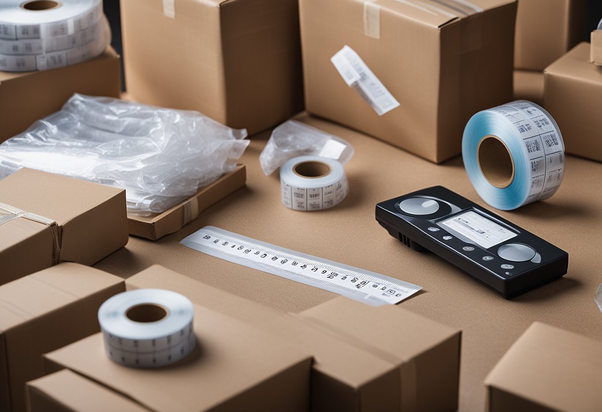A table with various packing materials: boxes, bubble wrap, packing tape, and shipping labels. A scale and measuring tape are also present for accurate packaging