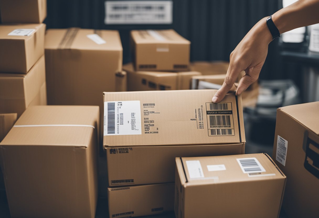 A person placing labeled and documented packages into a shipping container, surrounded by packing materials and shipping supplies