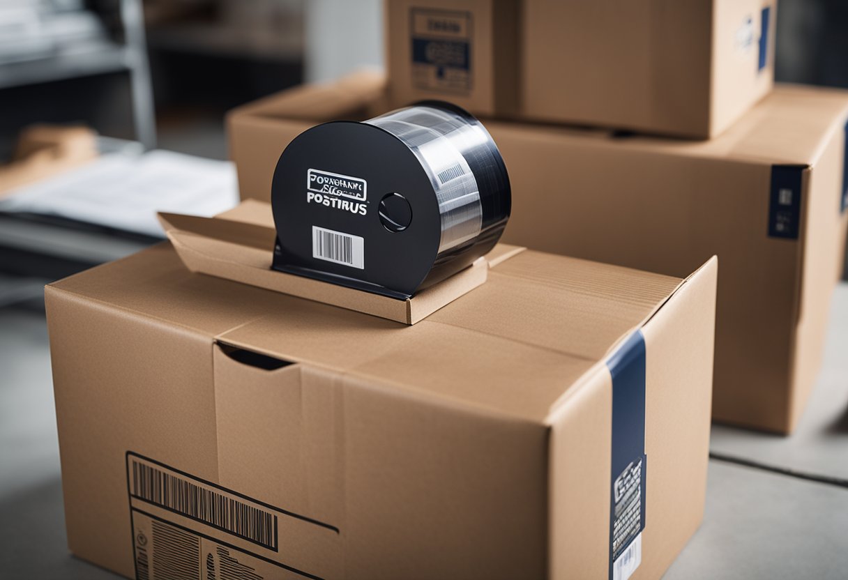A person placing items in a sturdy box, sealing it with tape, and affixing a shipping label with the PostFromUS logo