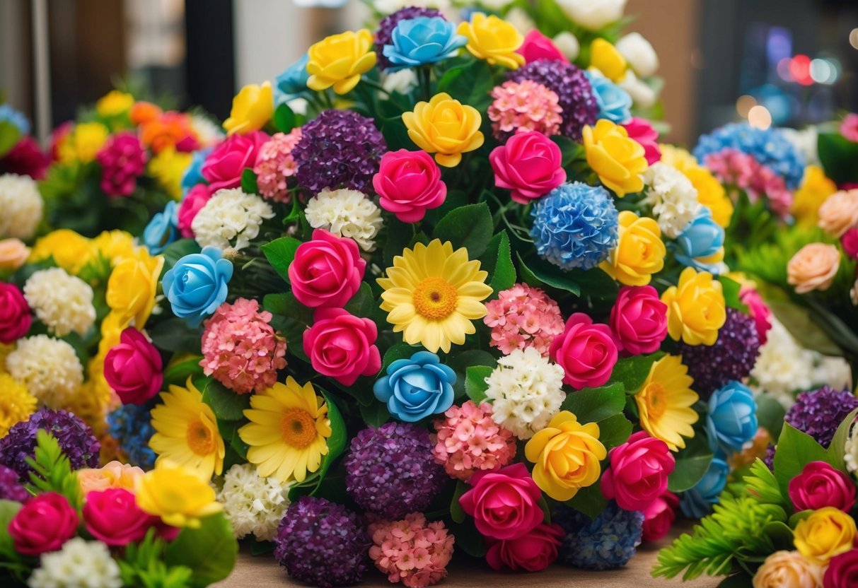 A colorful array of bulk fake flowers arranged in a large, overflowing bouquet