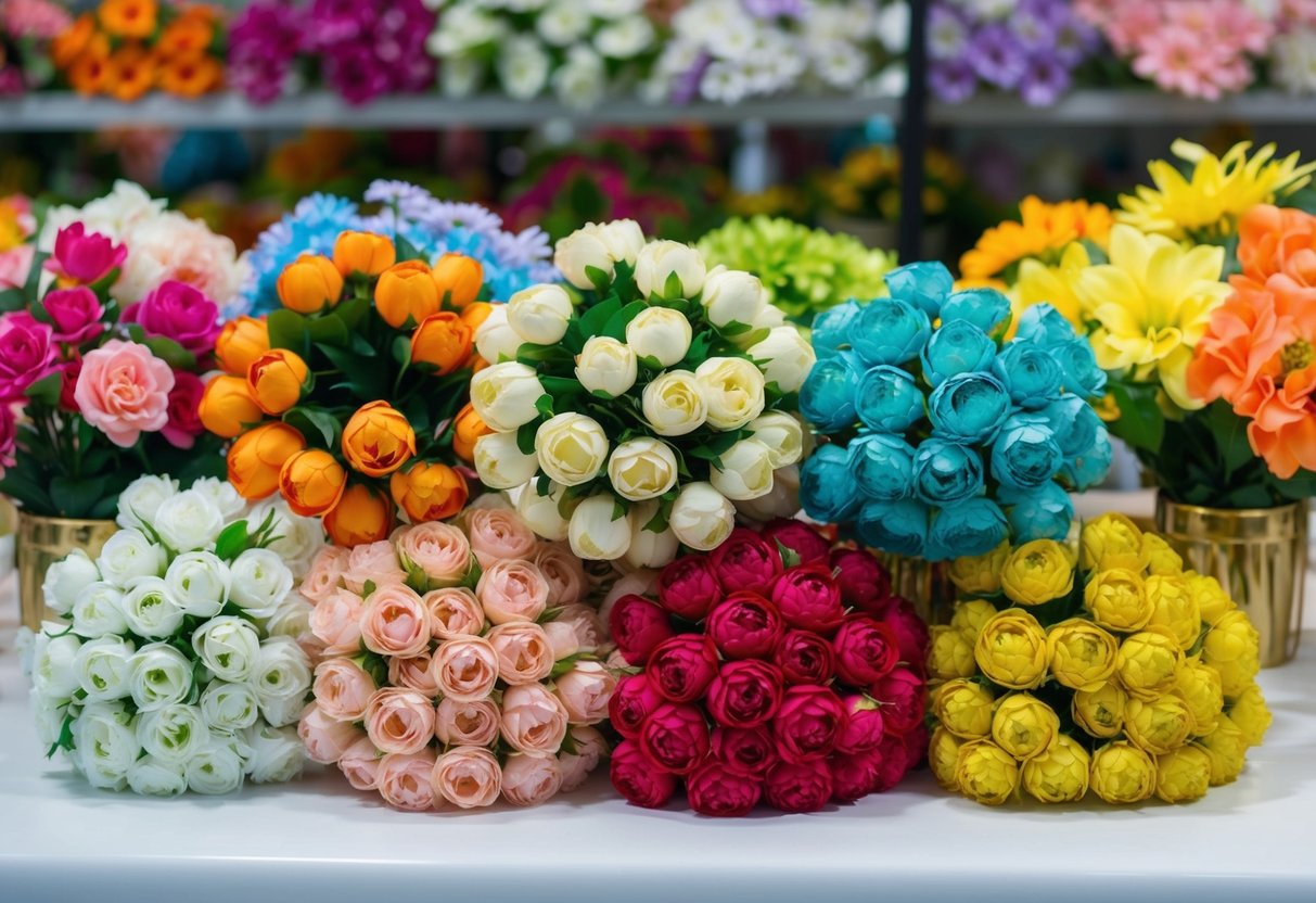 A variety of bulk fake flowers arranged in colorful bunches on a table