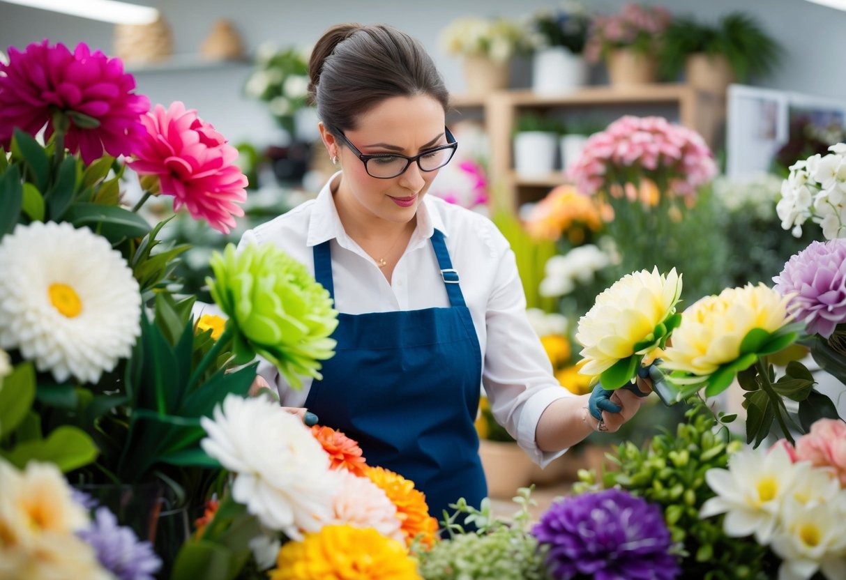 A florist carefully inspects a variety of fake flowers, examining their color, texture, and detail. She selects the highest quality blooms for her customers